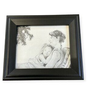 Framed Pencil Sketch Mother & Child Christmas Art Gallery Wall Signed Print